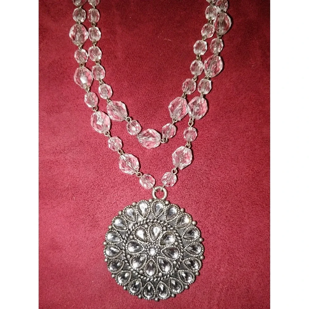 ROBERT ROSE NEW Clear Beaded Rhinestone Pendant Necklace Double Chain Dressy